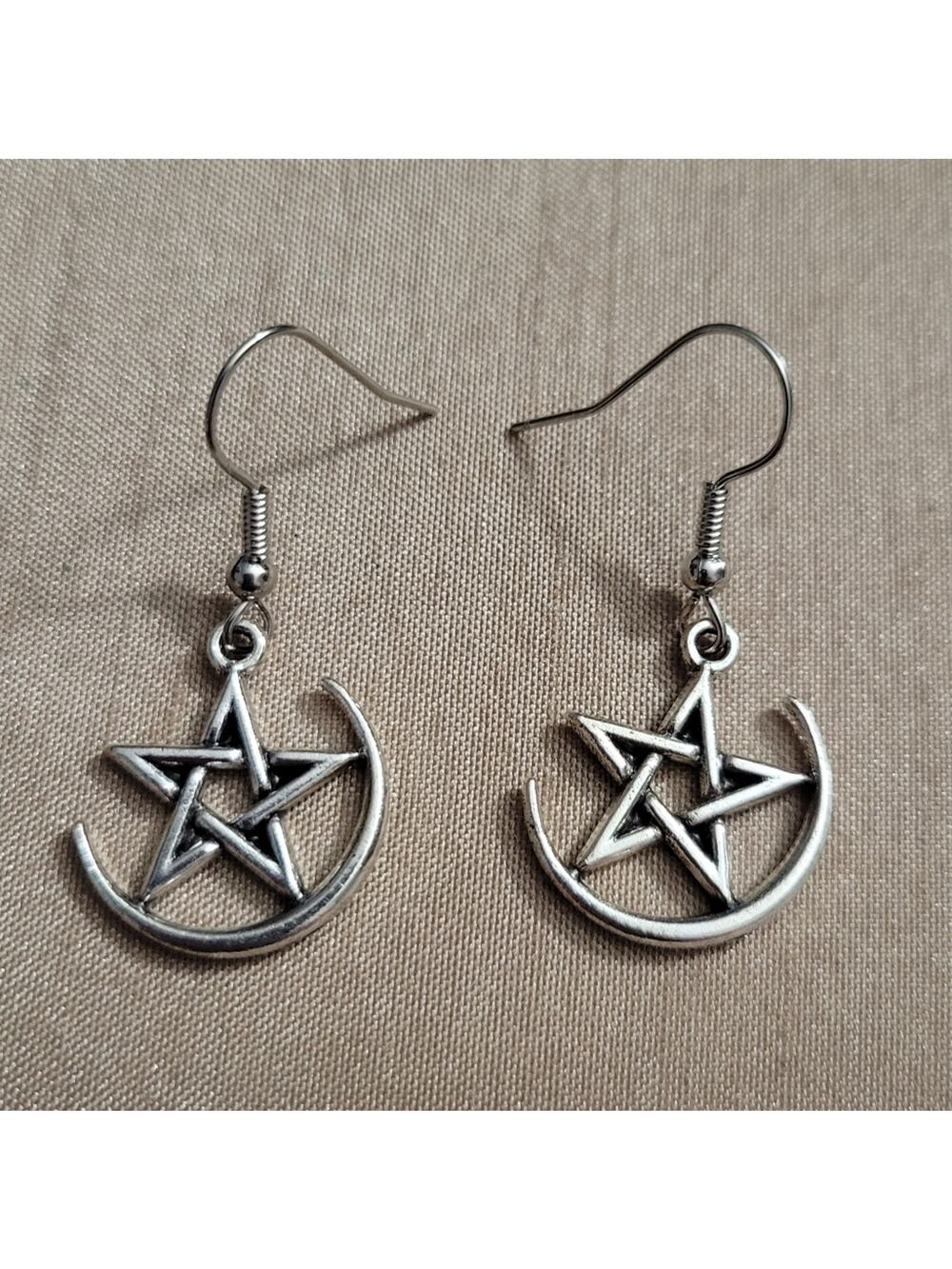 Witchy Crescent Moon & Star Pentagram Silver Tone Earrings